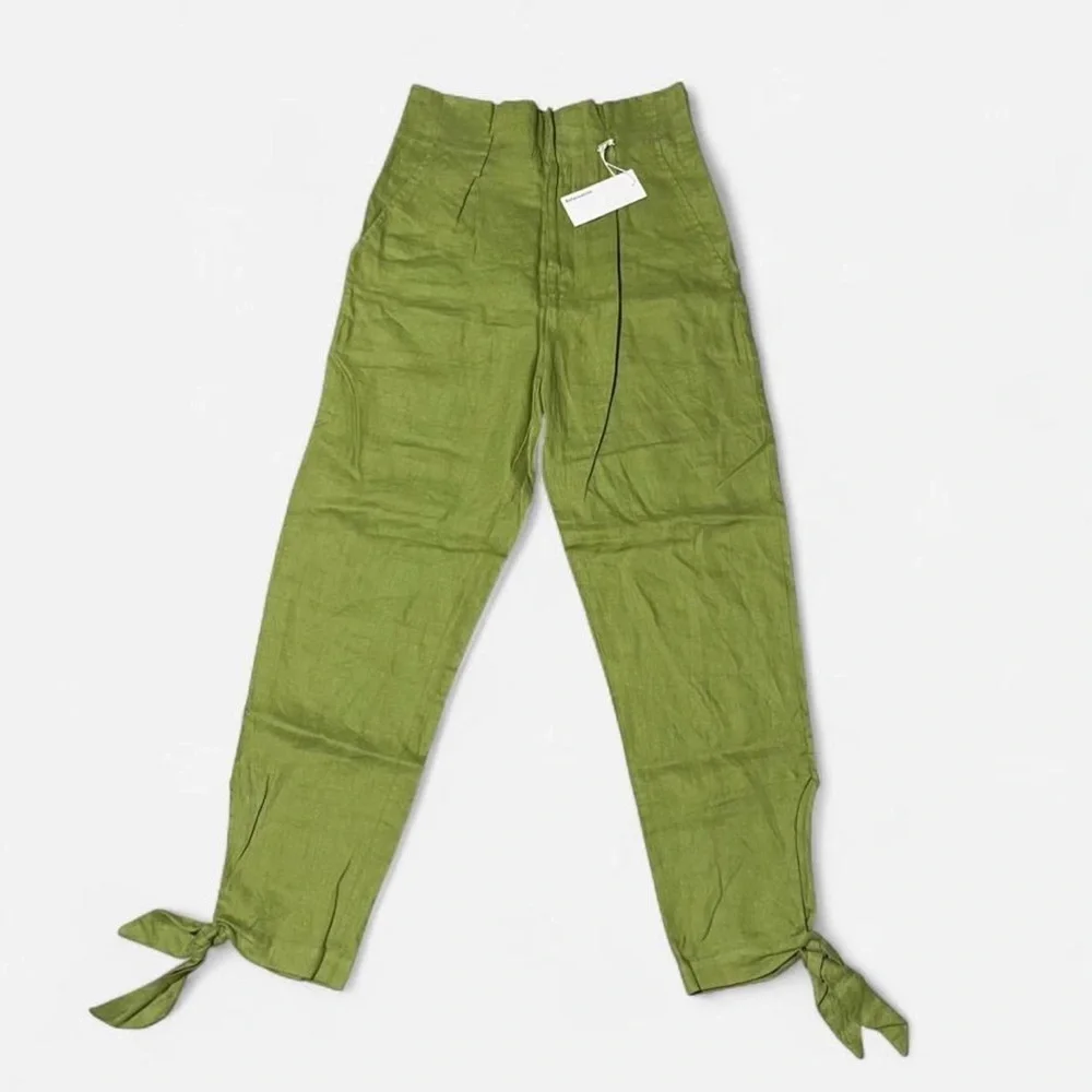 reformation nwt high rise 100% linen green paper bag business dress pants 2